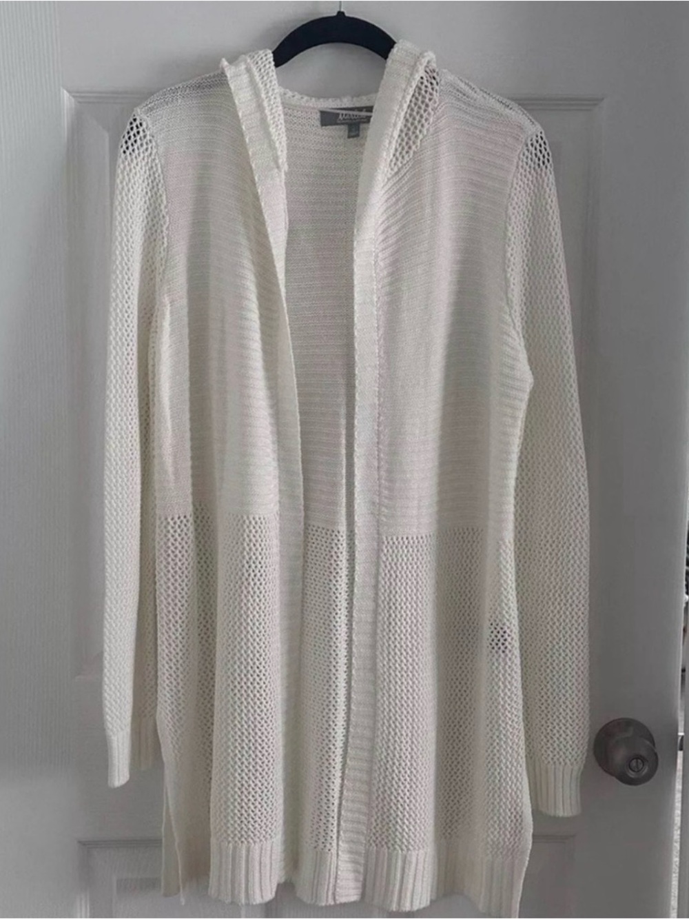 Marled White Open-Front Hooded Knit Cardigan